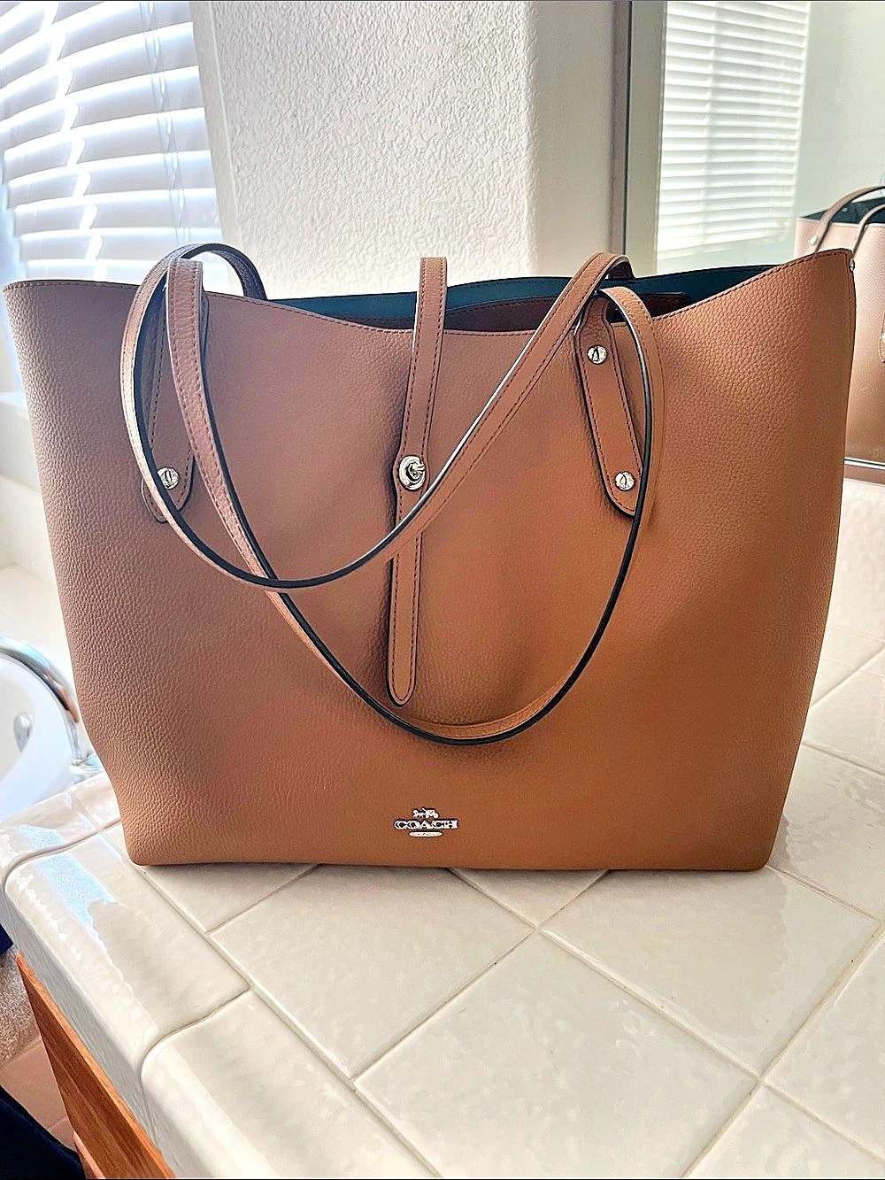 Coach camel market tote blue interior